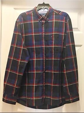 Tommy Hilfiger Men’s Plaid Button Down Shirt Large Classic Fit Navy Red